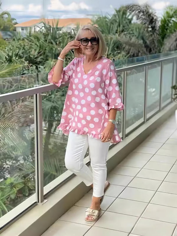 Denise | Blouse femme à pois col V, coupe détendue confortable et élégante