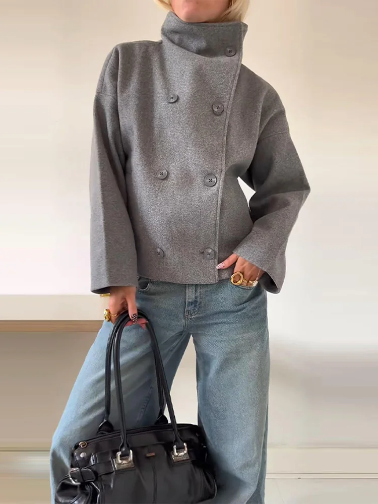 Manteau en Laine Femme à Col Montant Boutonné