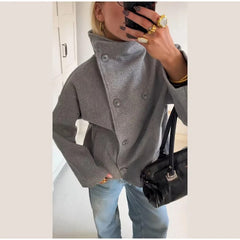 Manteau en Laine Femme à Col Montant Boutonné