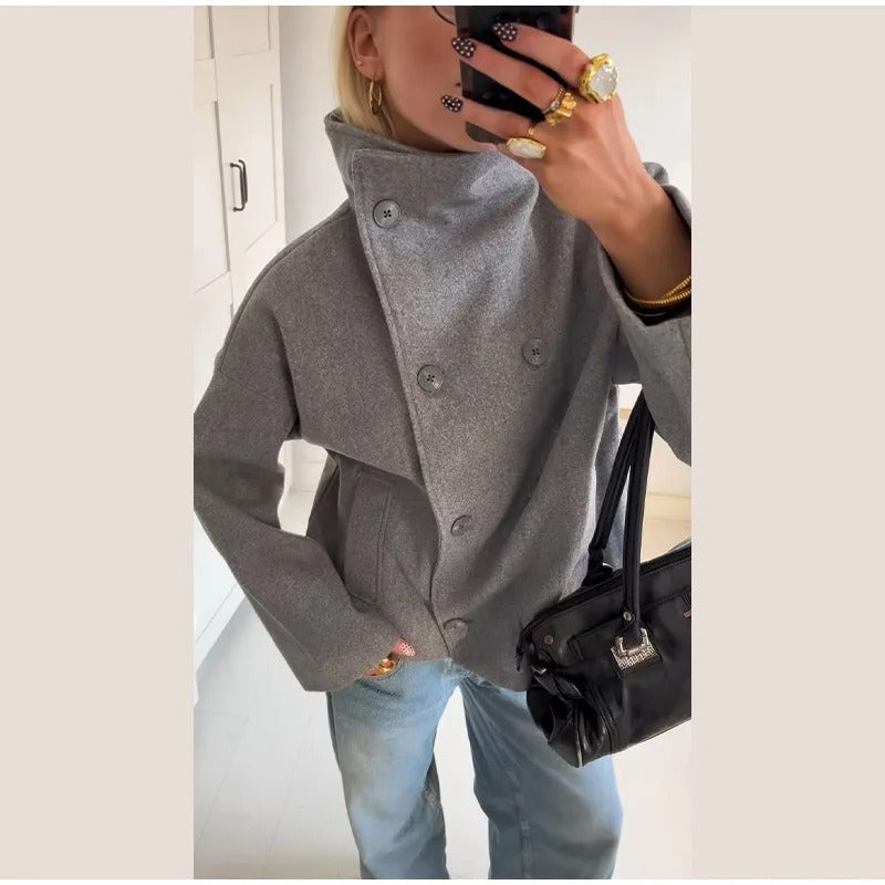 Manteau en Laine Femme à Col Montant Boutonné