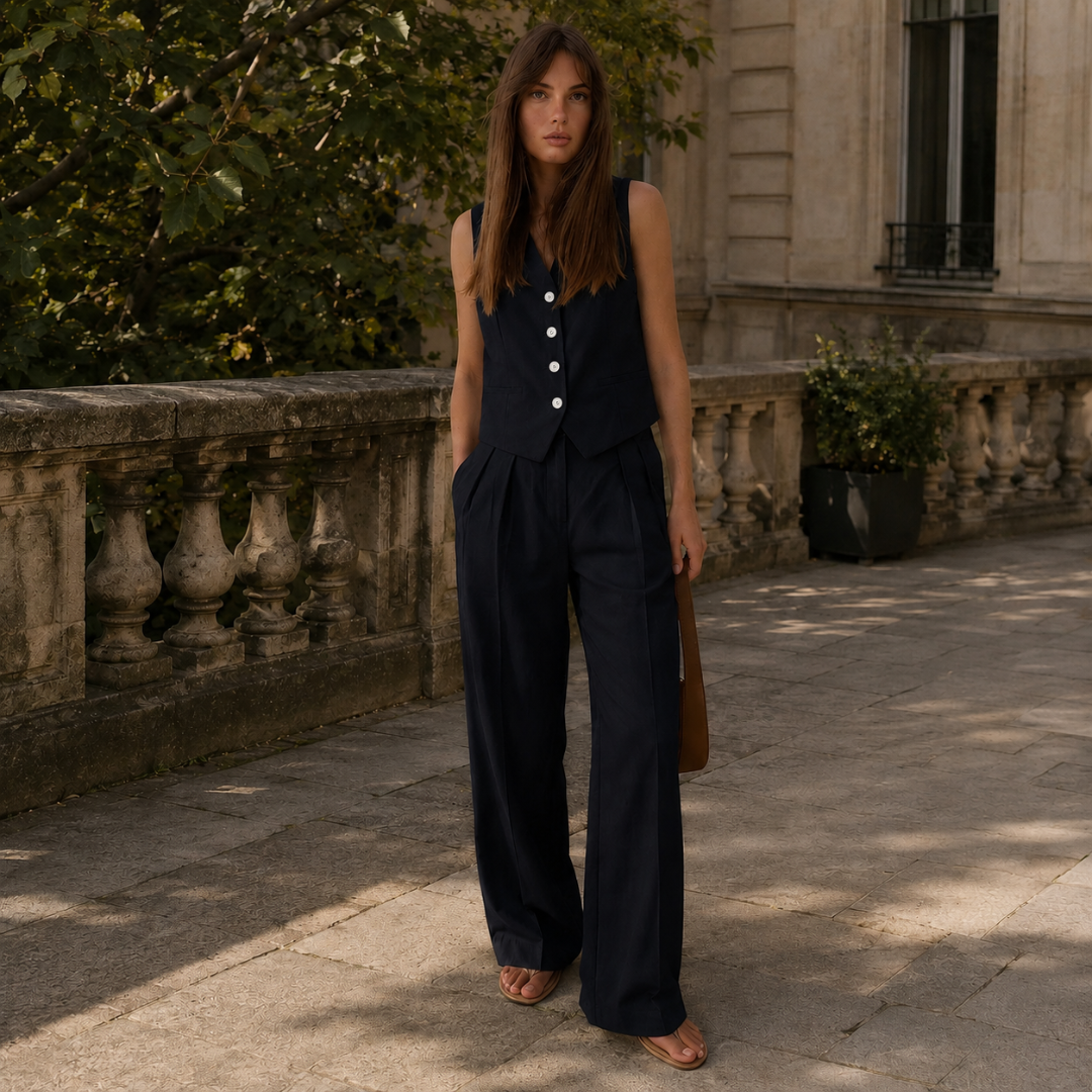Ensemble Femme Gilet Sans Manche Boutonné et Pantalon Taille Haute