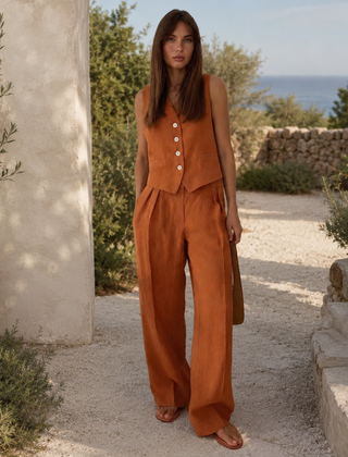 Ensemble Femme Gilet Sans Manche Boutonné et Pantalon Taille Haute