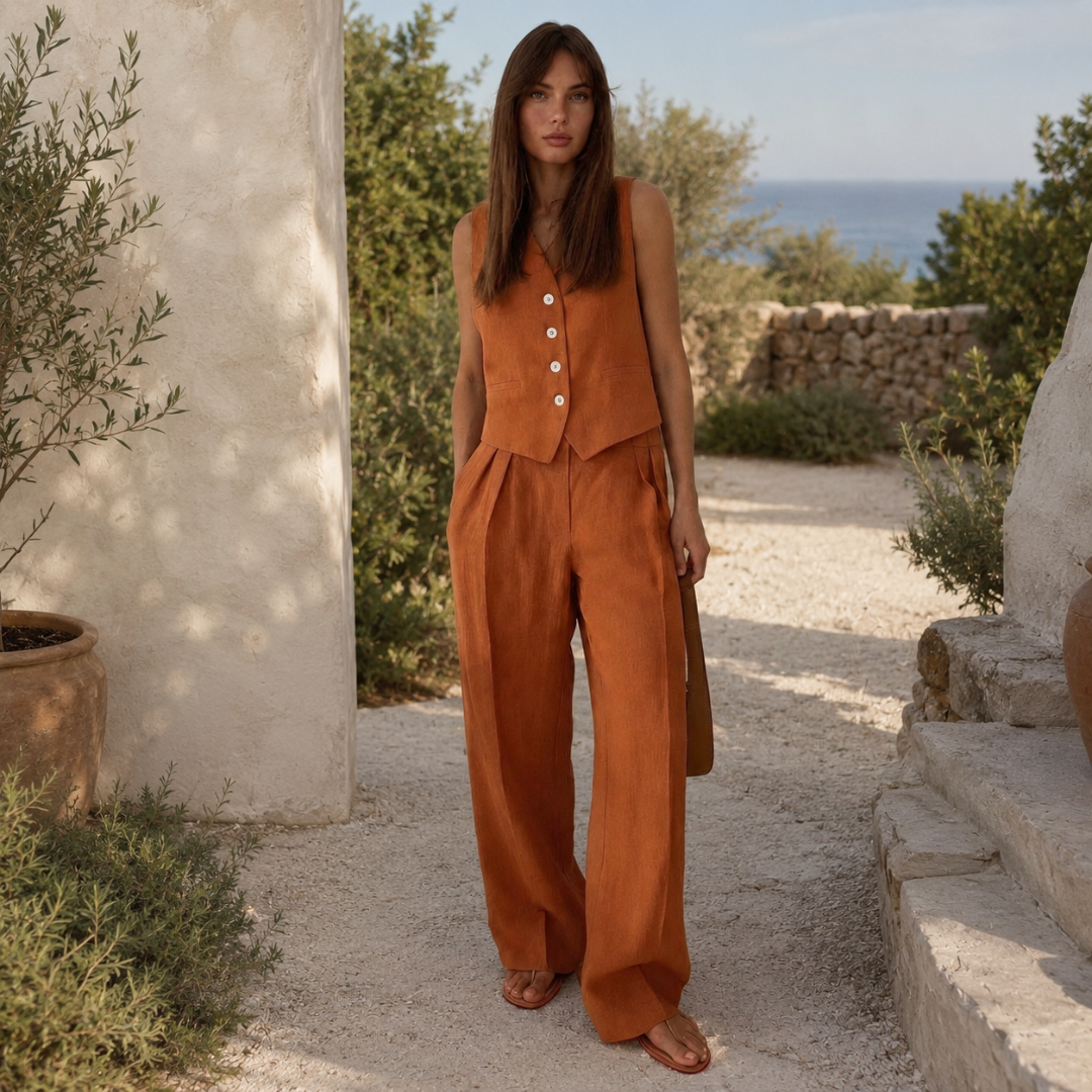 Ensemble Femme Gilet Sans Manche Boutonné et Pantalon Taille Haute