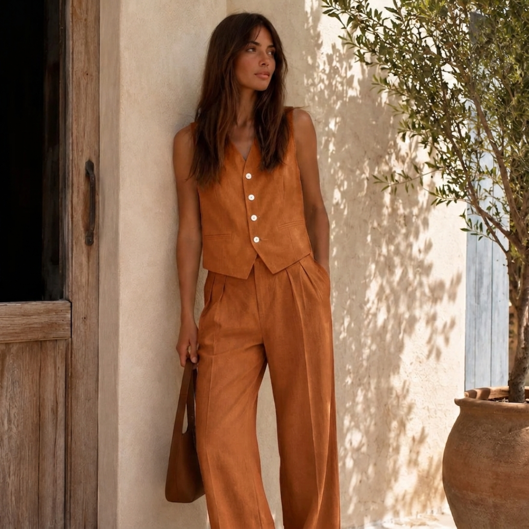 Ensemble Femme Gilet Sans Manche Boutonné et Pantalon Taille Haute