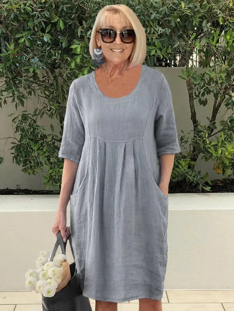 Ruthie | Robe tunique femme en lin légère, manches courtes à poches pour l'été