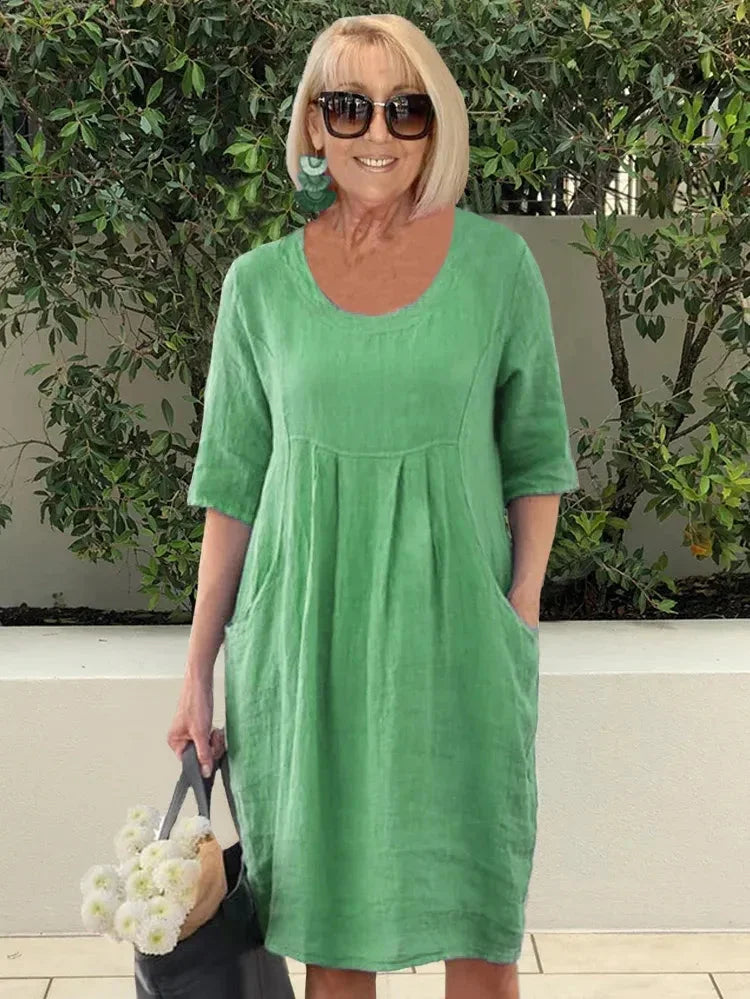 Ruthie | Robe tunique femme en lin légère, manches courtes à poches pour l'été