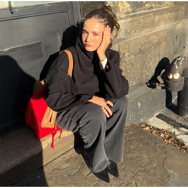 Manteau en Laine Femme à Col Montant Boutonné