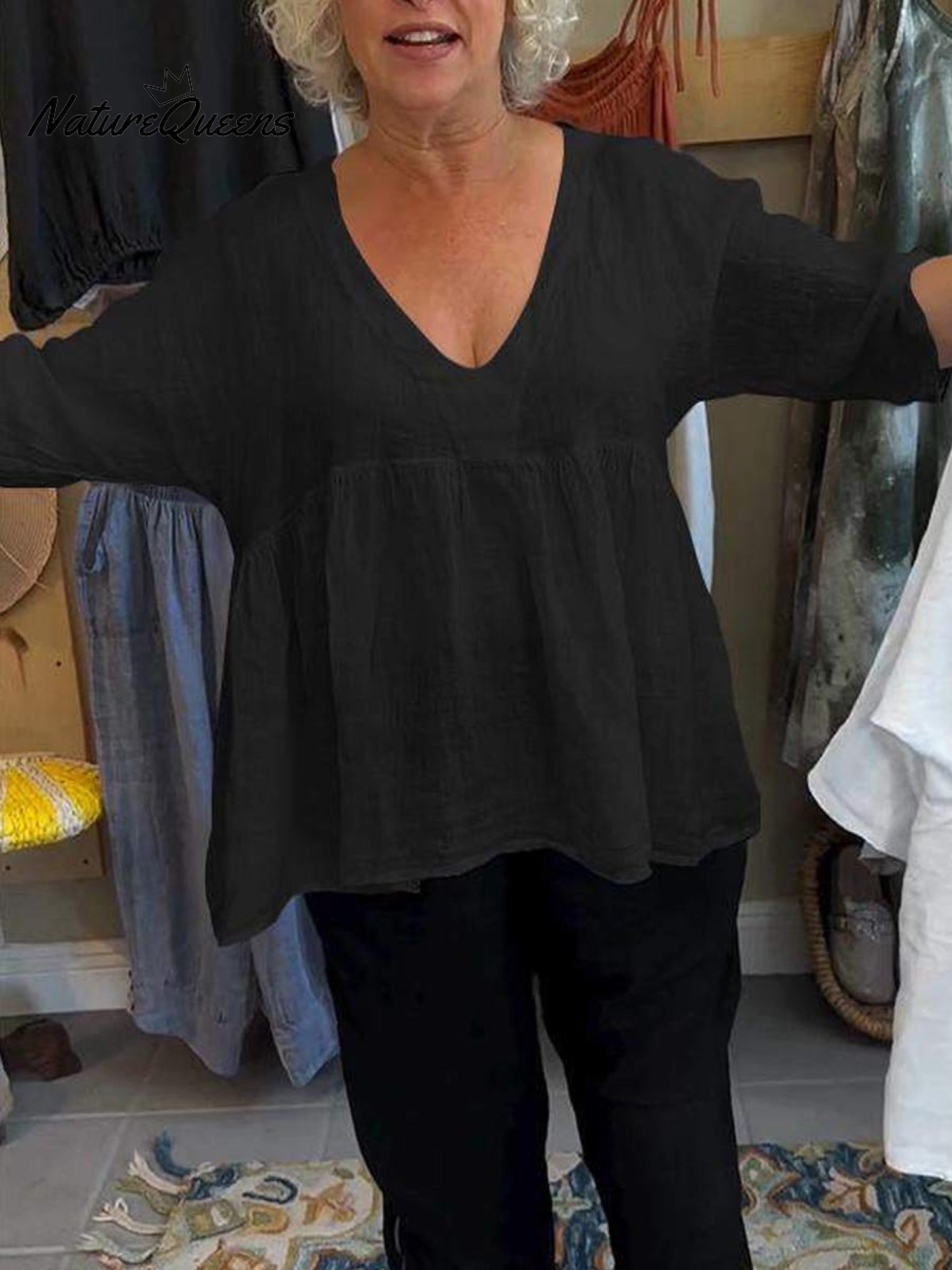 Loretta | Blouse femme en coton-lin à col V, légère au quotidien