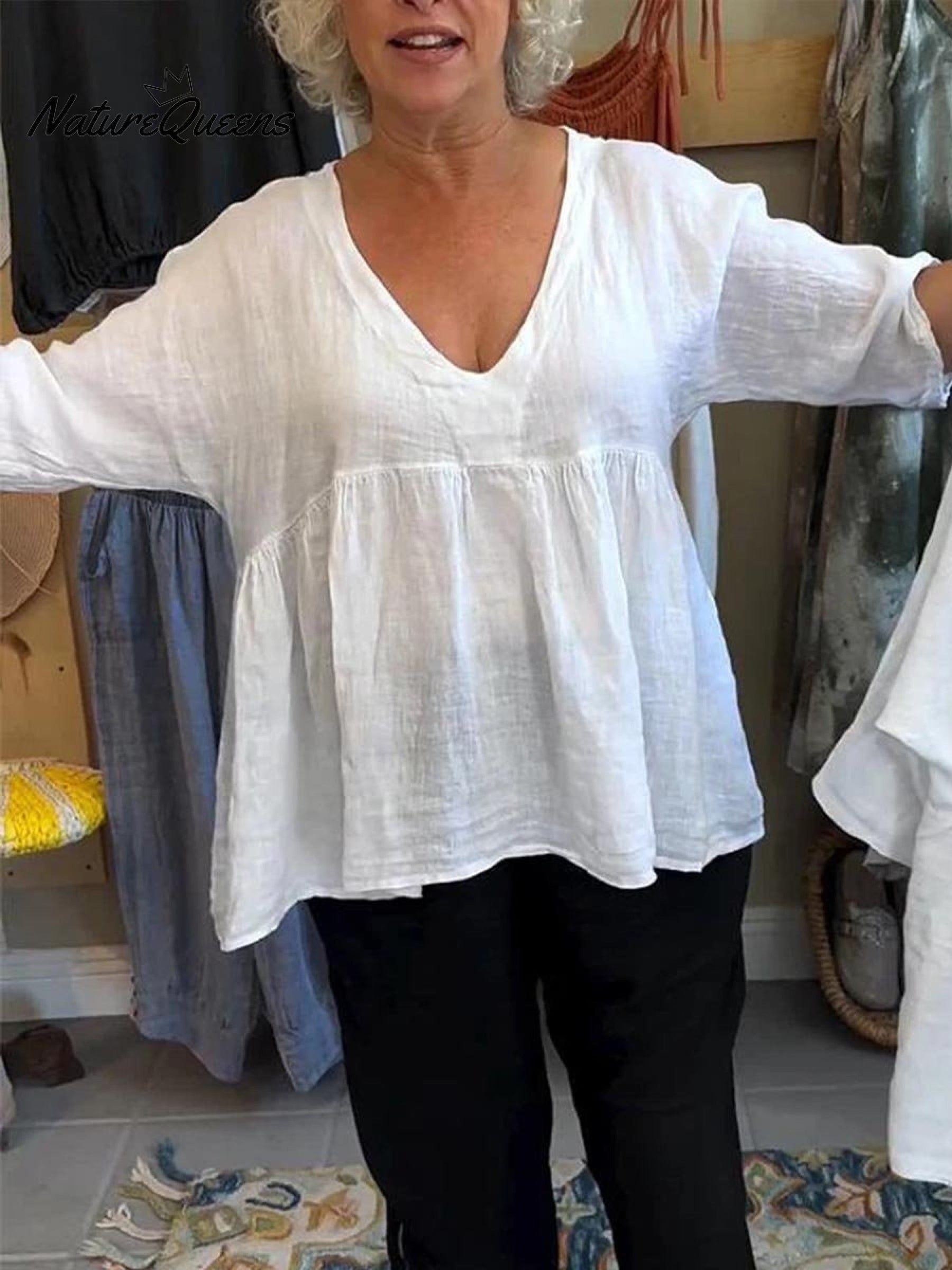 Loretta | Blouse femme en coton-lin à col V, légère au quotidien