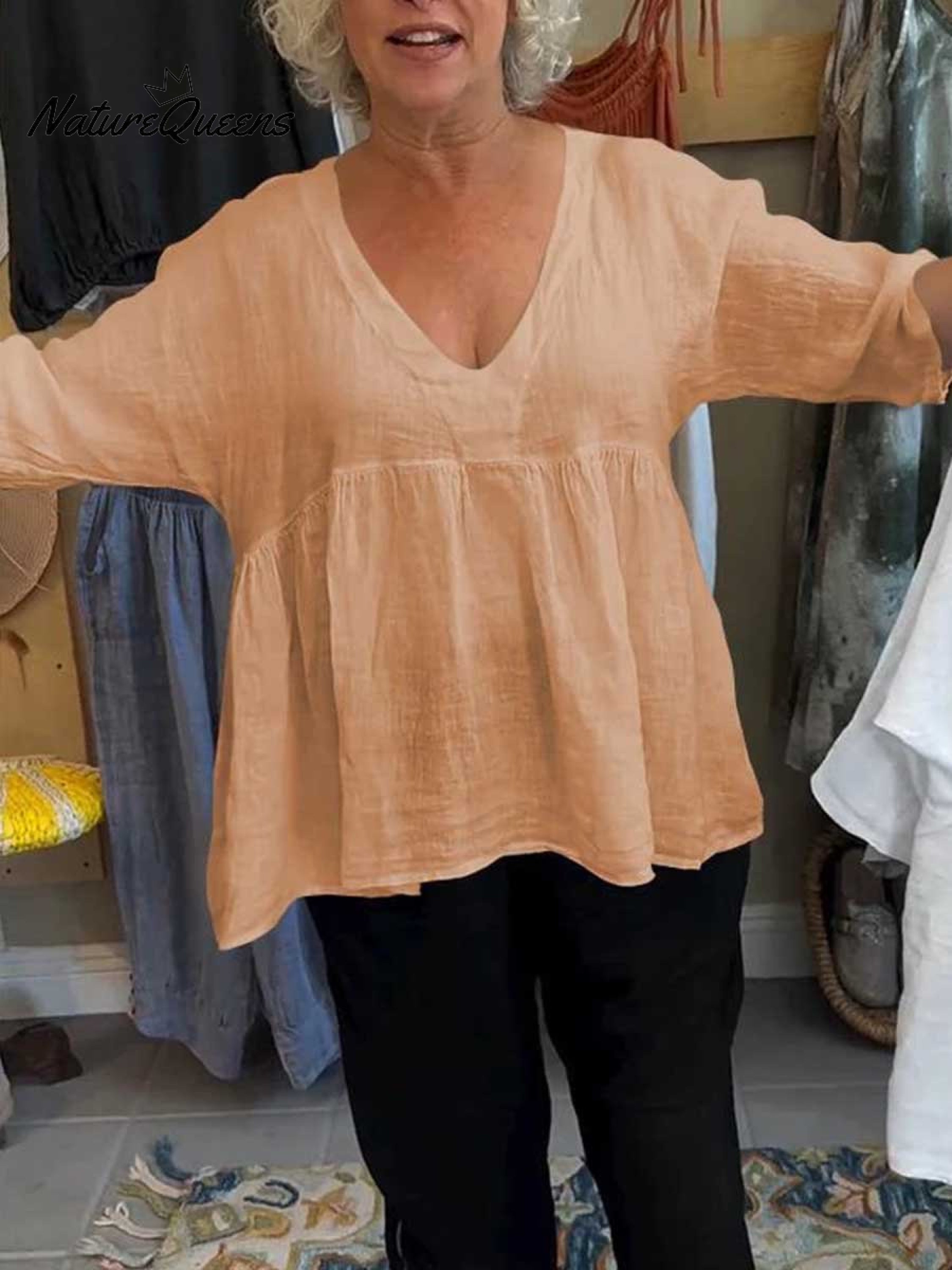 Loretta | Blouse femme en coton-lin à col V, légère au quotidien
