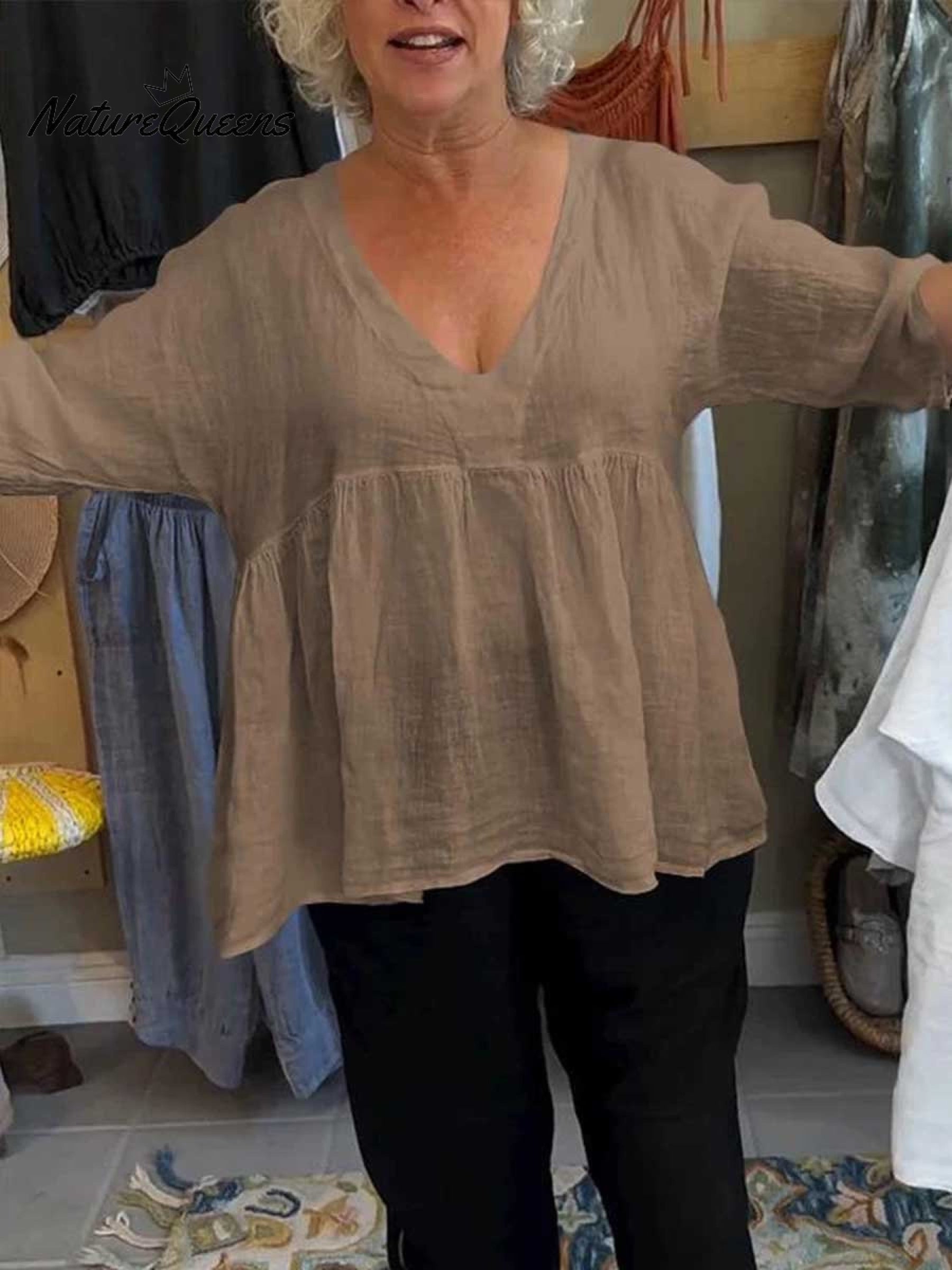 Loretta | Blouse femme en coton-lin à col V, légère au quotidien