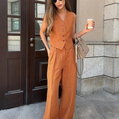 Ensemble Femme Gilet Sans Manche et Pantalon Large Coordonné