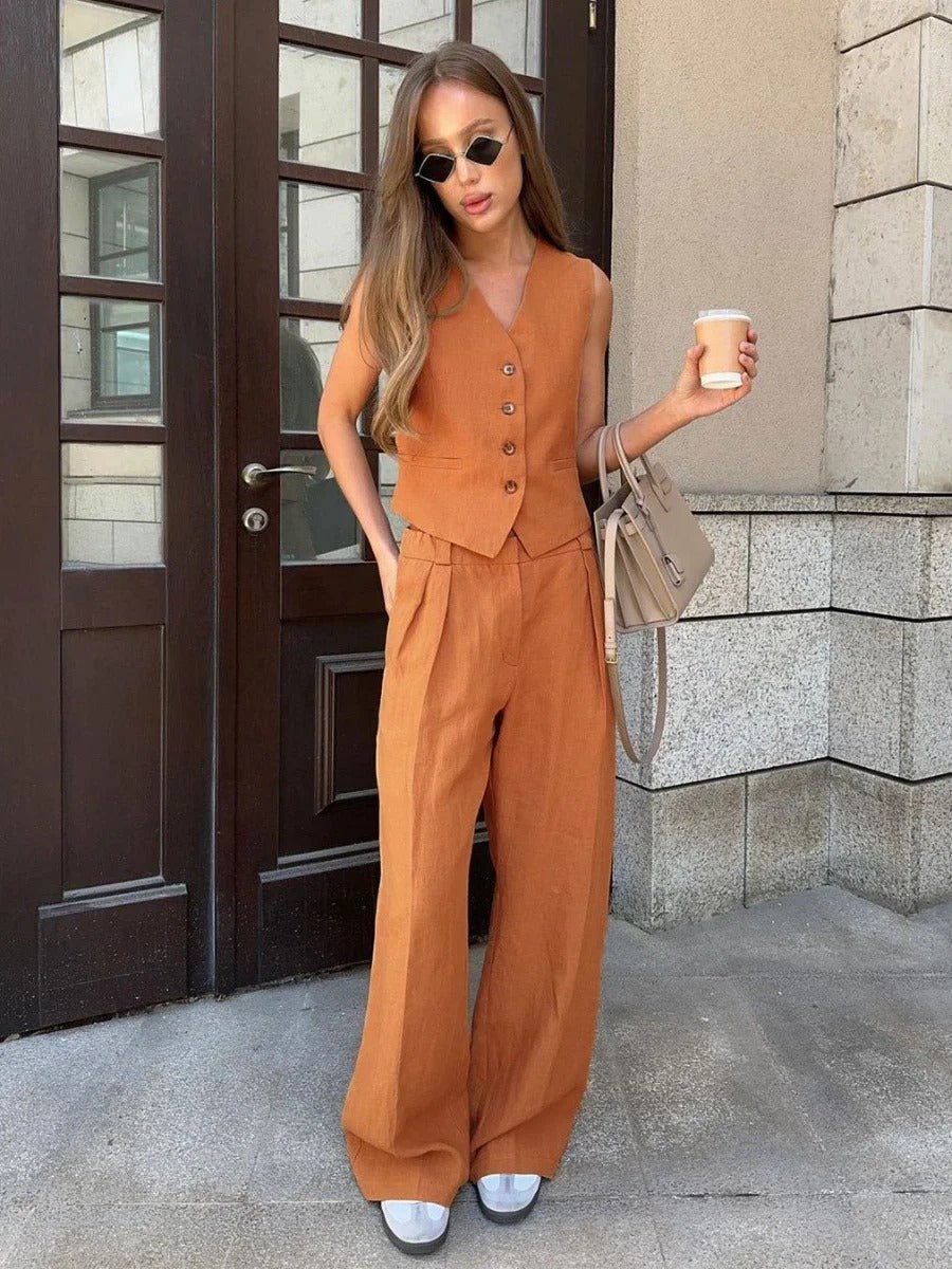 Ensemble Femme Gilet Sans Manche et Pantalon Large Coordonné