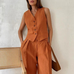 Ensemble Femme Gilet Sans Manche et Pantalon Large Coordonné