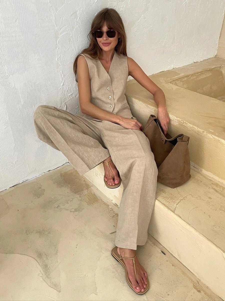 Ensemble Femme Gilet Sans Manche et Pantalon Large Coordonné