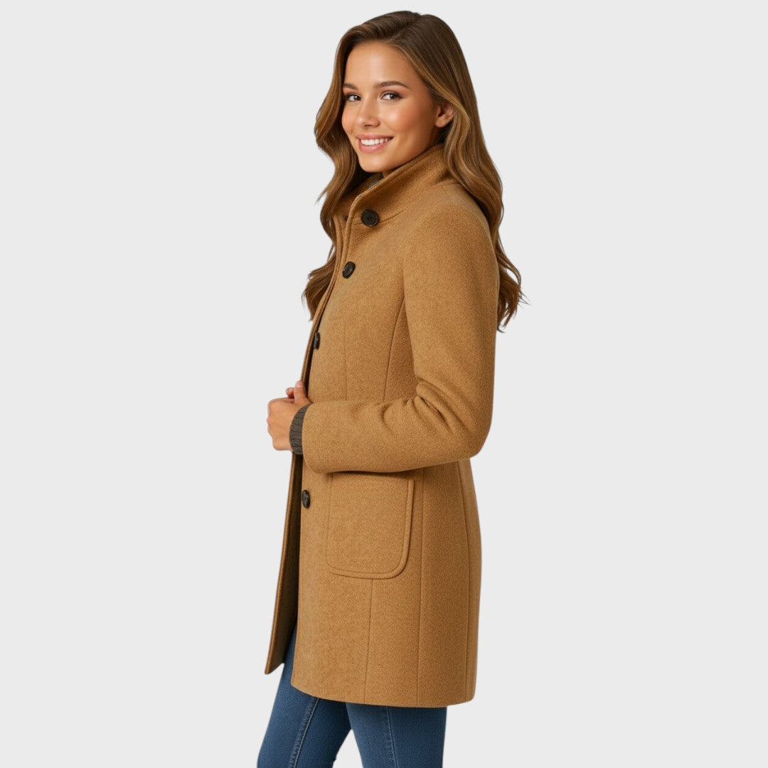 Hortense | Manteau long femme en laine mélangée, col montant boutonné