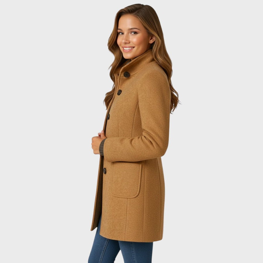 Hortense | Manteau long femme en laine mélangée, col montant boutonné