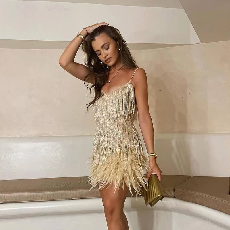 Ambre | Robe de cocktail femme à franges et plumes, robe de soirée