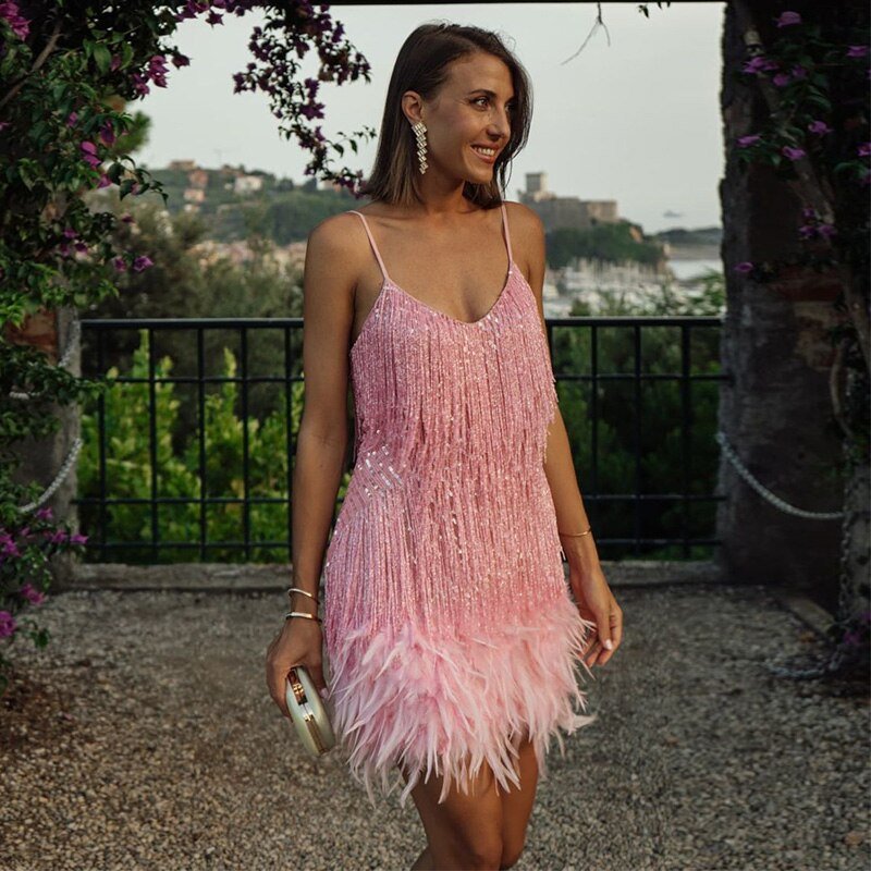 Ambre | Robe de cocktail femme à franges et plumes, robe de soirée