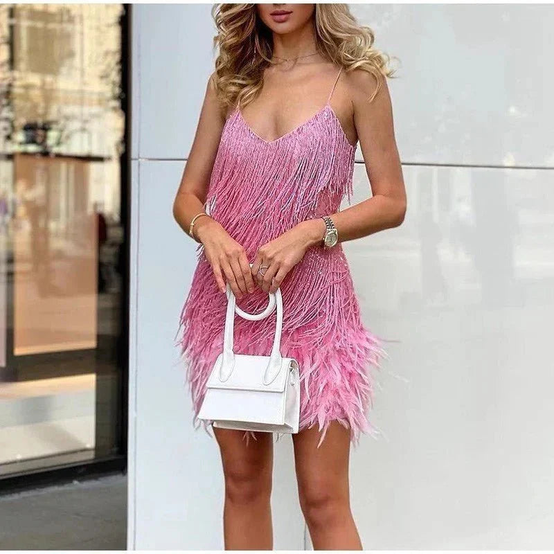 Ambre | Robe de cocktail femme à franges et plumes, robe de soirée