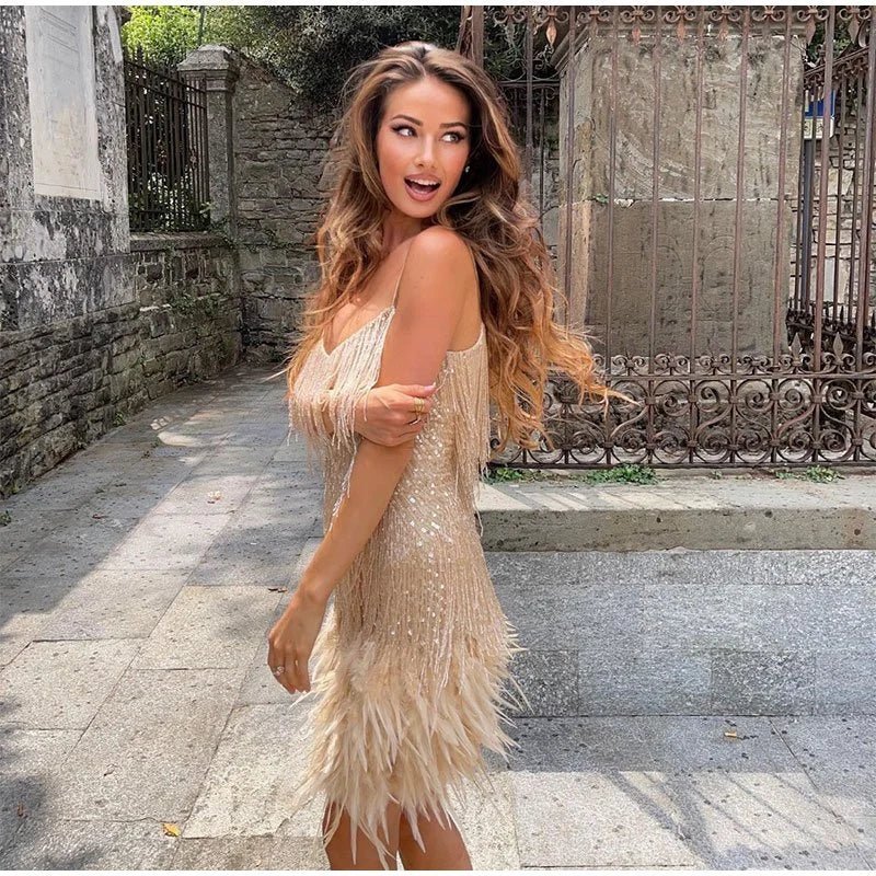 Ambre | Robe de cocktail femme à franges et plumes, robe de soirée