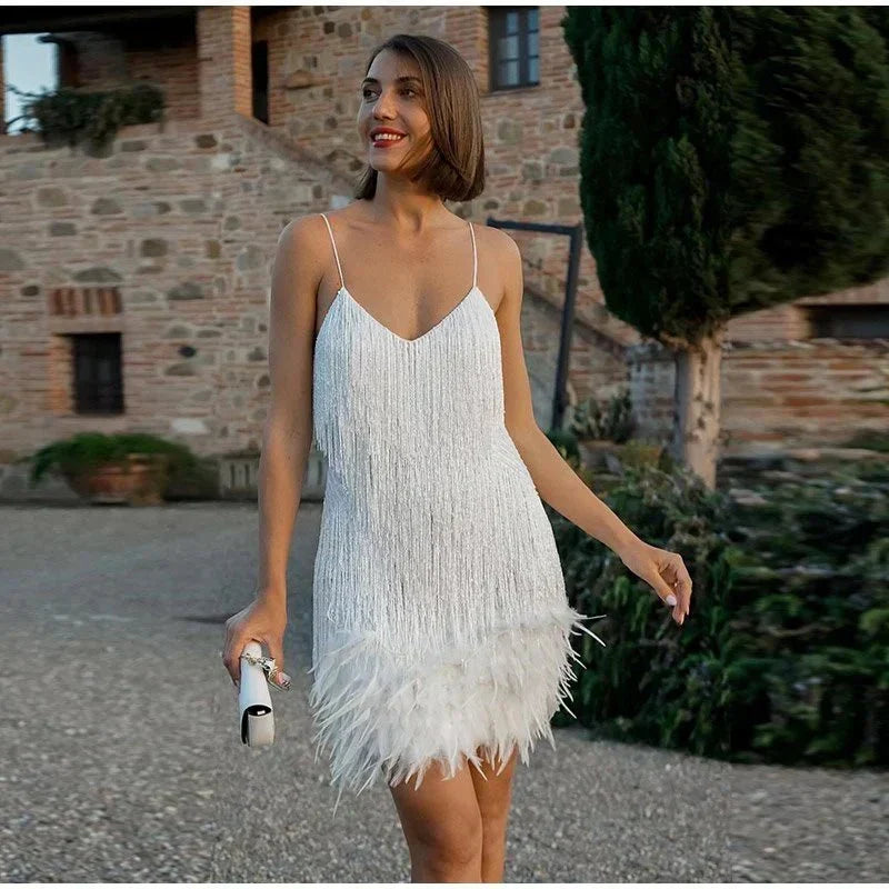 Ambre | Robe de cocktail femme à franges et plumes, robe de soirée