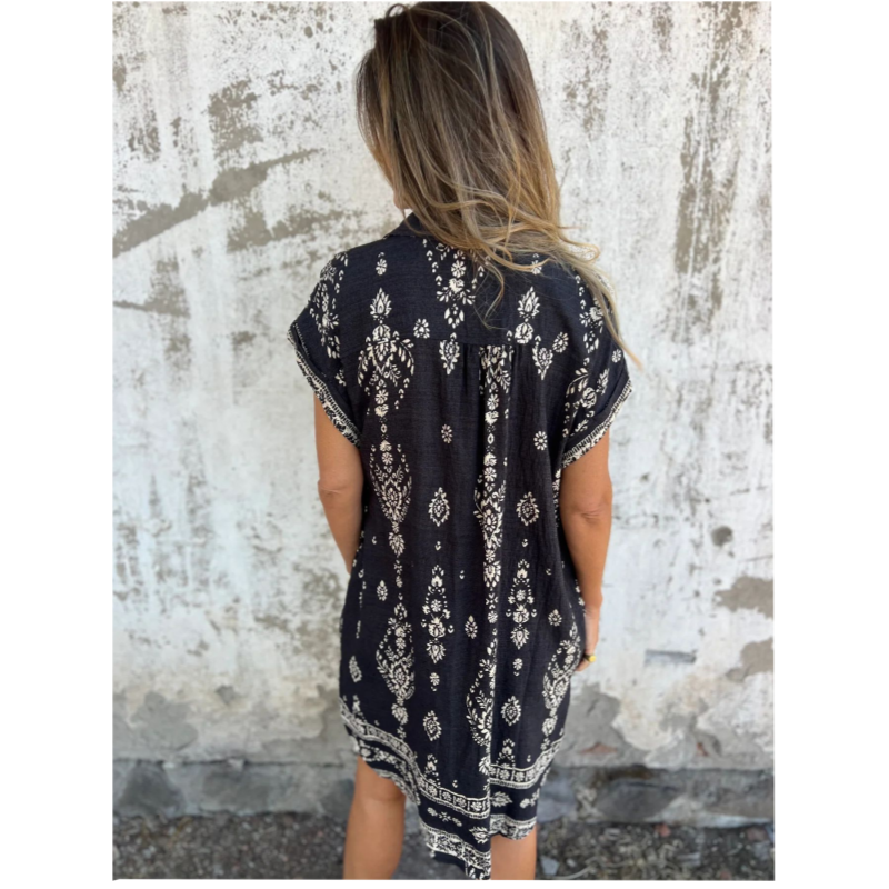 Mireille | Robe midi femme bohème en coton-lin fluide, manches 3/4 élégante