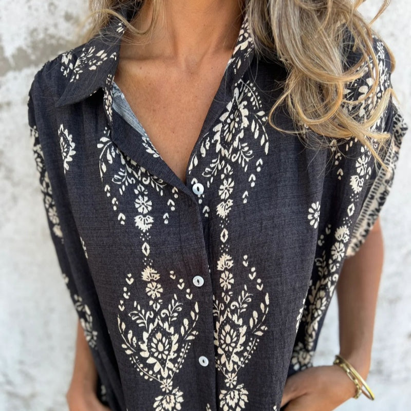 Mireille | Robe midi femme bohème en coton-lin fluide, manches 3/4 élégante
