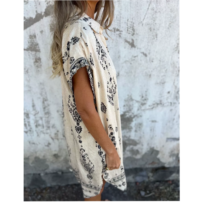 Mireille | Robe midi femme bohème en coton-lin fluide, manches 3/4 élégante