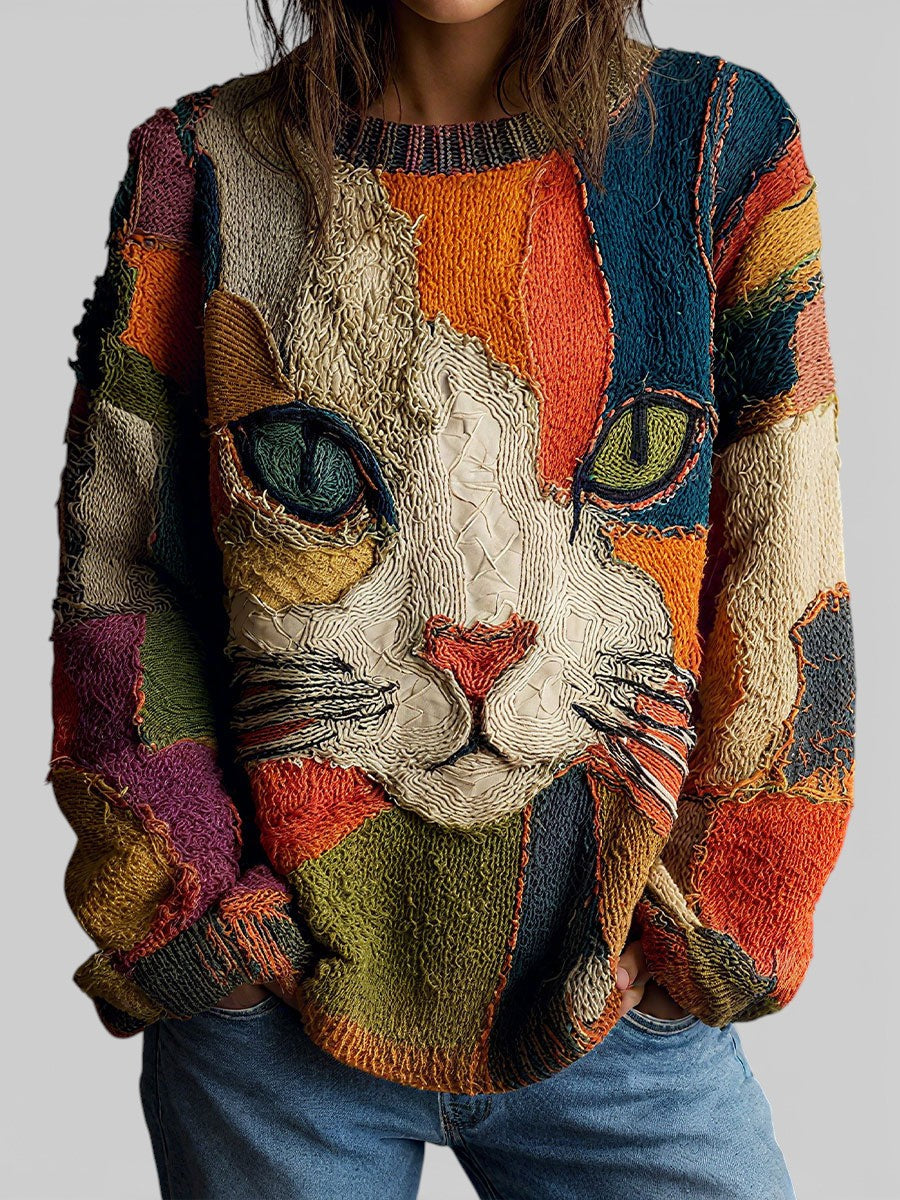 Suzette | Pull femme oversize en maille texturée, motif chat artistique col rond