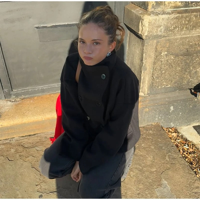 Manteau en Laine Femme à Col Montant Boutonné