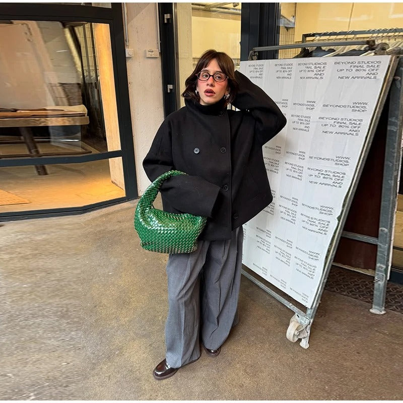 Manteau en Laine Femme à Col Montant Boutonné