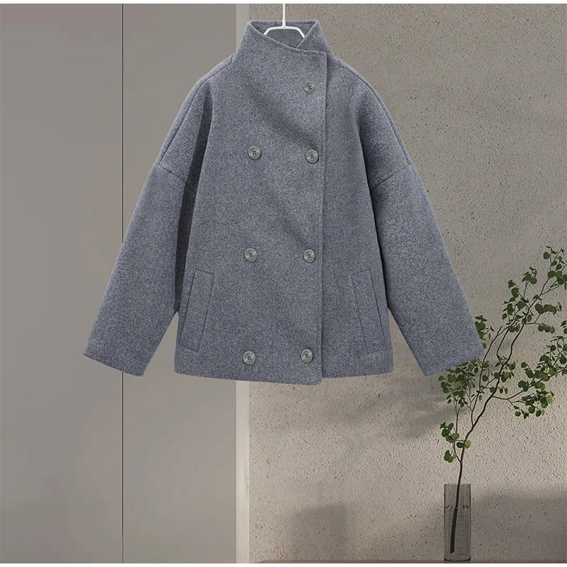 Manteau en Laine Femme à Col Montant Boutonné