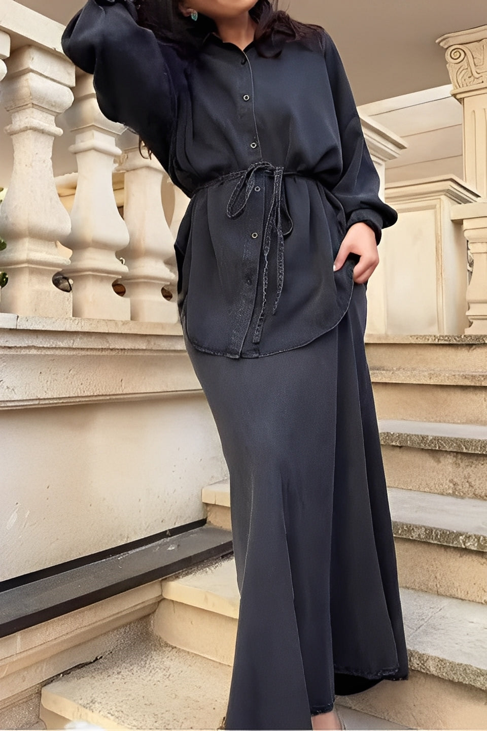 Evelore | Ensemble deux pièces femme chemise à cordon et jupe, manches longues confortable