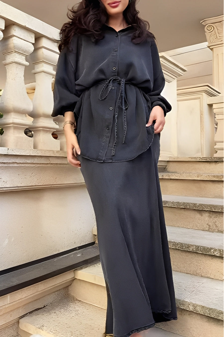 Evelore | Ensemble deux pièces femme chemise à cordon et jupe, manches longues confortable