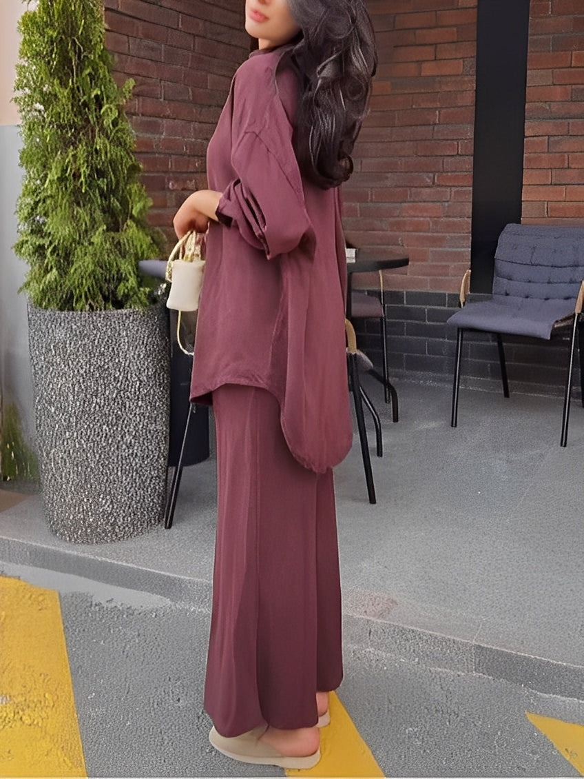 Evelore | Ensemble deux pièces femme chemise à cordon et jupe, manches longues confortable
