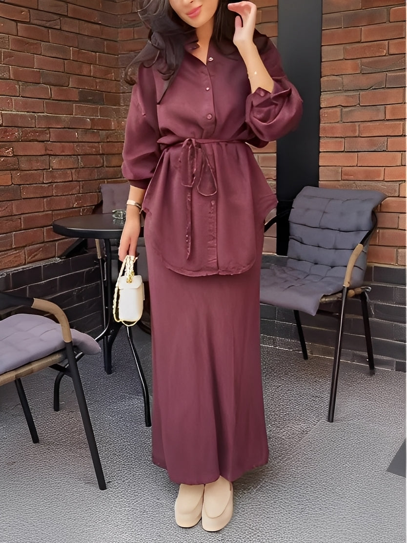 Evelore | Ensemble deux pièces femme chemise à cordon et jupe, manches longues confortable