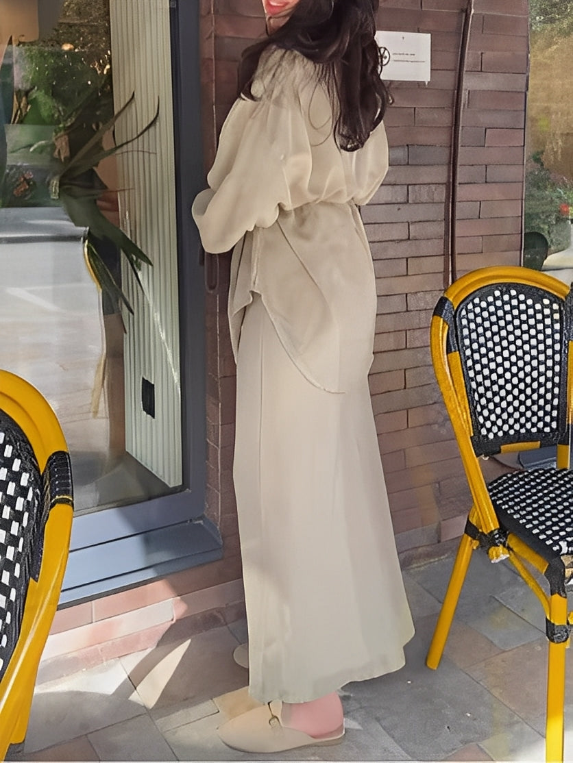Evelore | Ensemble deux pièces femme chemise à cordon et jupe, manches longues confortable